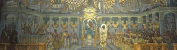 Représentation du concile d'Ephèse de 431 dans l'église Notre-Dame de Fourvières à Lyon. Au centre Saint Cyrille montre l'enfant et Marie, proclamant la maternité divine de la Vierge.