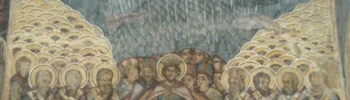 Fresque représentant les évêques assemblés à Nicée (1er concile), église du monastère de l'Église du monastère Stavropoleos, XVIIIe siècle.