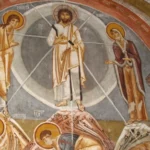 La Transfiguration fresque avc le Christ entouré d’Élie et Moise et des disciples Pierre, Jacques et Jean en dessous