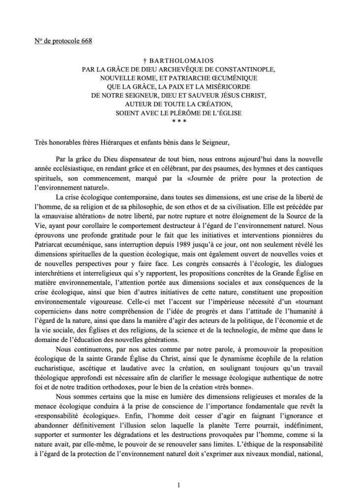 texte du message du patriarche Bartholomée