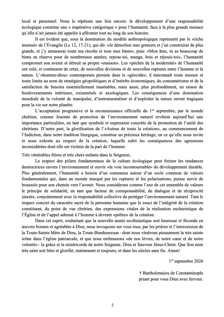 texte du message du patriarche Bartholomée pour le 1er septembre